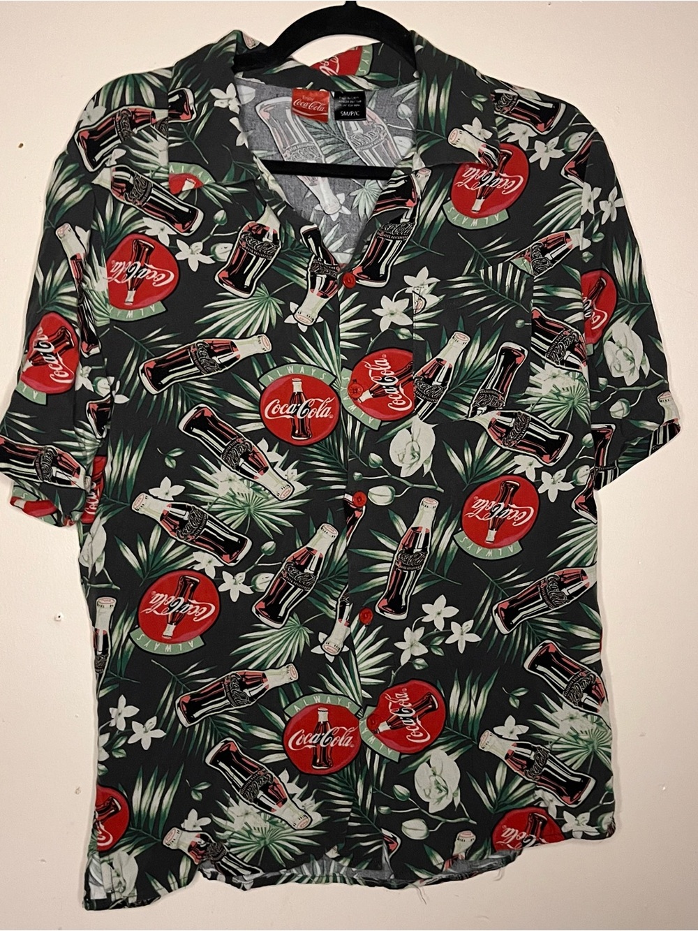 Coca Cola Black Short-Sleeve Tropical Button-Down with Red Logo Motifs